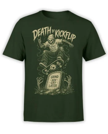 Dark green T-shirt with a vintage skeleton skateboarder, kickflip, and “Grind Now - Cry Later” gravestone