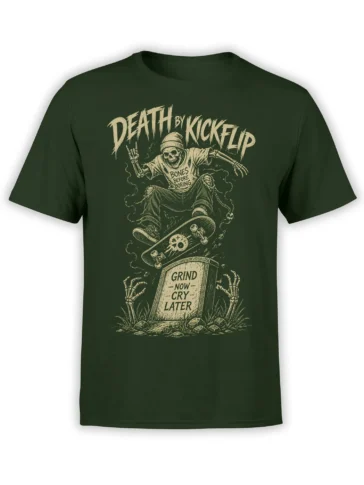 Dark green T-shirt with a vintage skeleton skateboarder, kickflip, and “Grind Now - Cry Later” gravestone