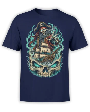 Skeleton pirate captain and haunted sailing ship above a giant sea skull on a navy T-shirt