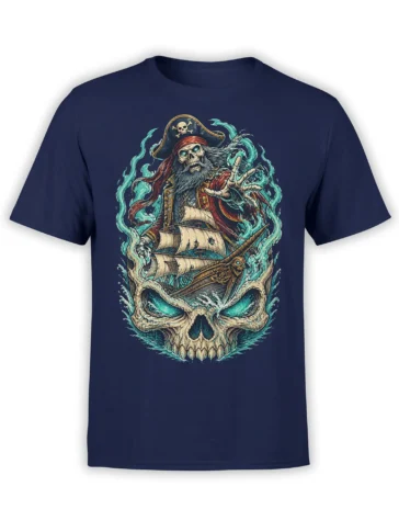Skeleton pirate captain and haunted sailing ship above a giant sea skull on a navy T-shirt