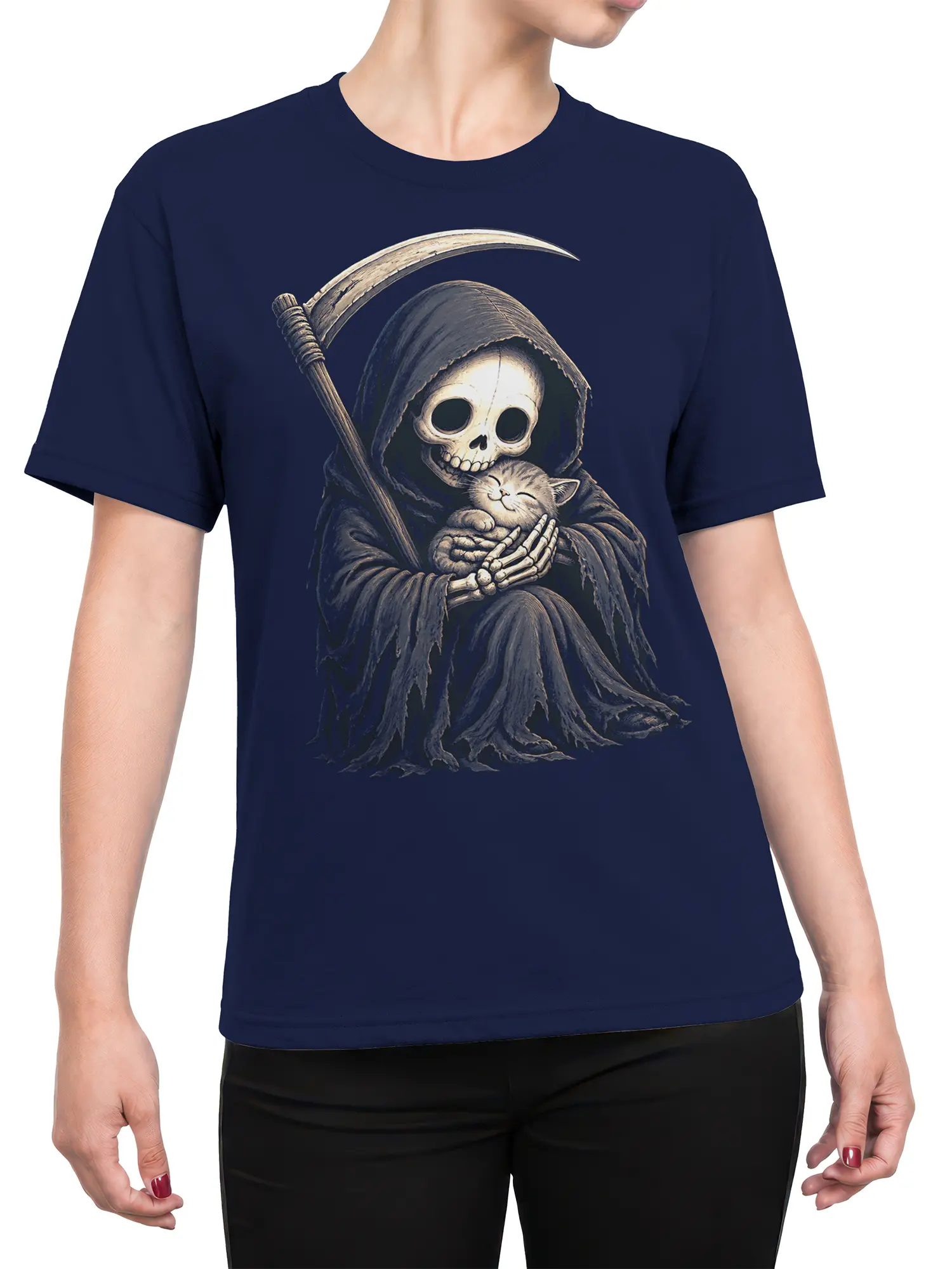 Female torso wearing a navy T-shirt with a hooded skeleton and sleeping kitten design