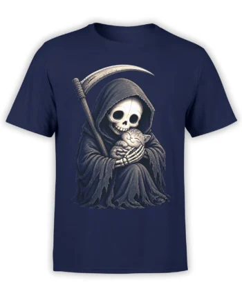 Hooded skeleton holding a sleeping kitten beneath a scythe on a navy grim reaper T-shirt