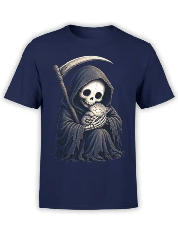 Hooded skeleton holding a sleeping kitten beneath a scythe on a navy grim reaper T-shirt