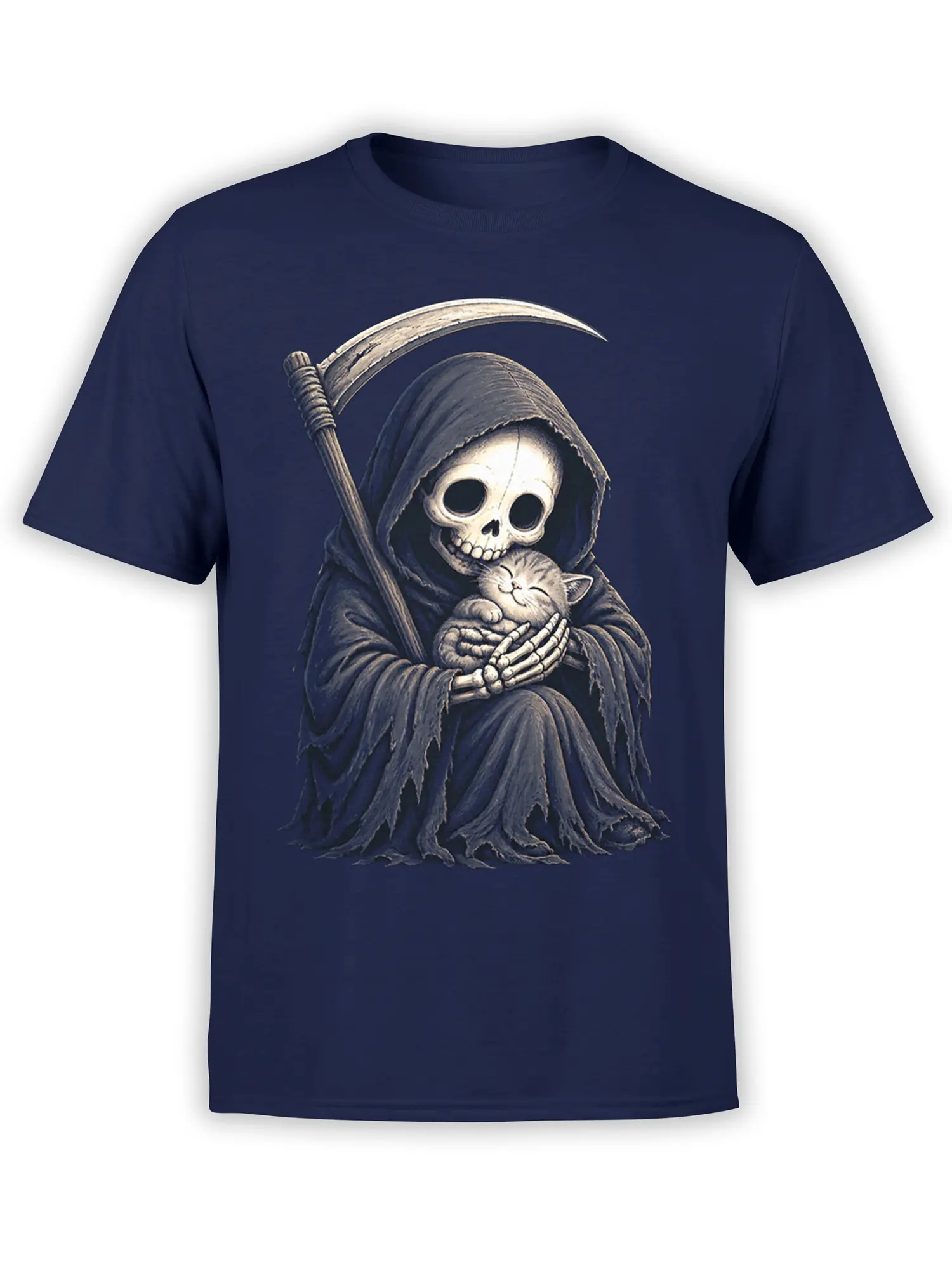 Hooded skeleton holding a sleeping kitten beneath a scythe on a navy grim reaper T-shirt