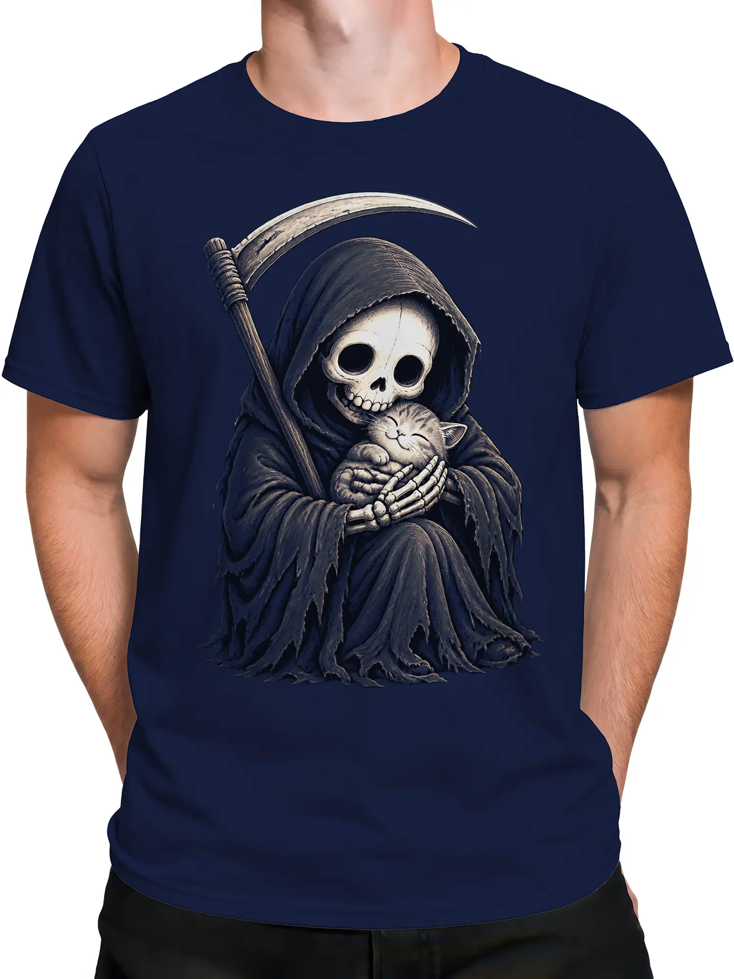 Male torso wearing a navy T-shirt with a skeleton, scythe, and sleeping kitten design