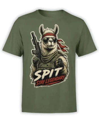 Olive green T-shirt with a tactical llama wearing sunglasses, a red headband, and a “STAY LEGENDARY” slogan