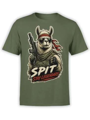 Olive green T-shirt with a tactical llama wearing sunglasses, a red headband, and a “STAY LEGENDARY” slogan