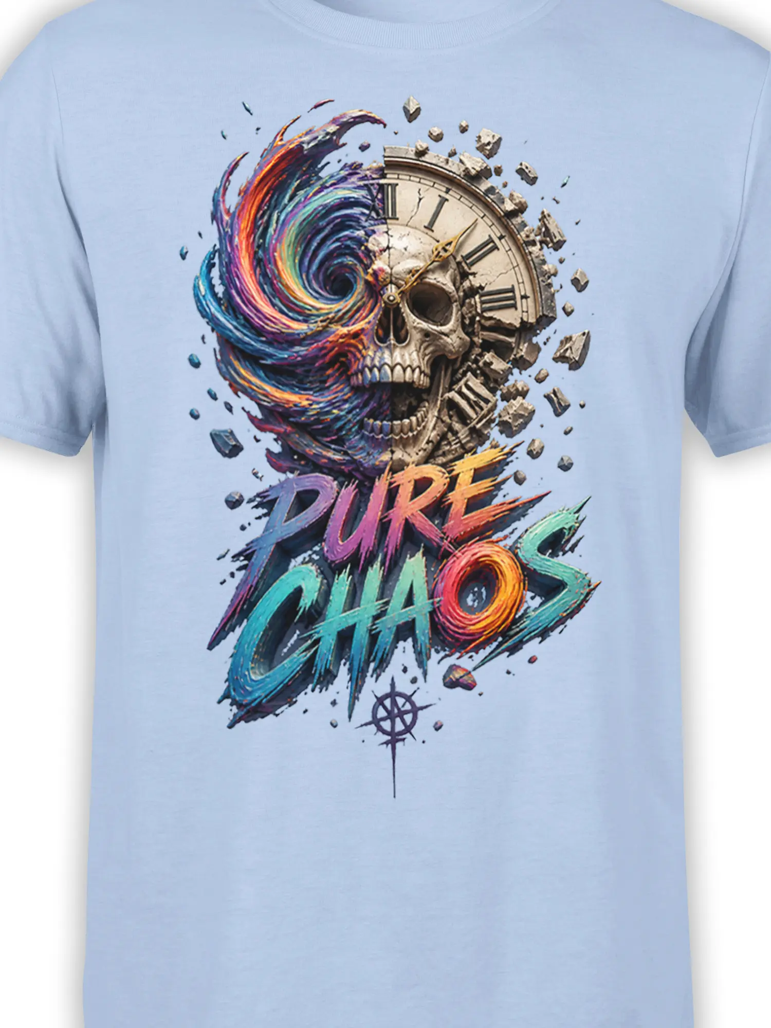 Close-up of the colorful skull, broken clock, and PURE CHAOS artwork on a light blue shirt