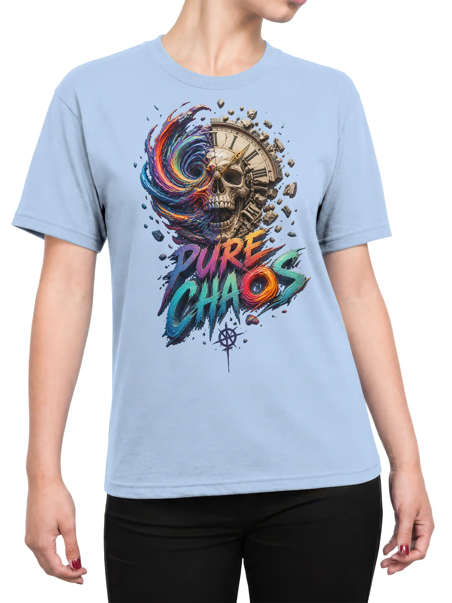 Female torso wearing a light blue T-shirt with a colorful skull clock PURE CHAOS design