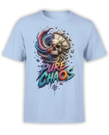 Colorful skull and shattered clock PURE CHAOS design printed on a light blue T-shirt