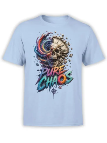 Colorful skull and shattered clock PURE CHAOS design printed on a light blue T-shirt