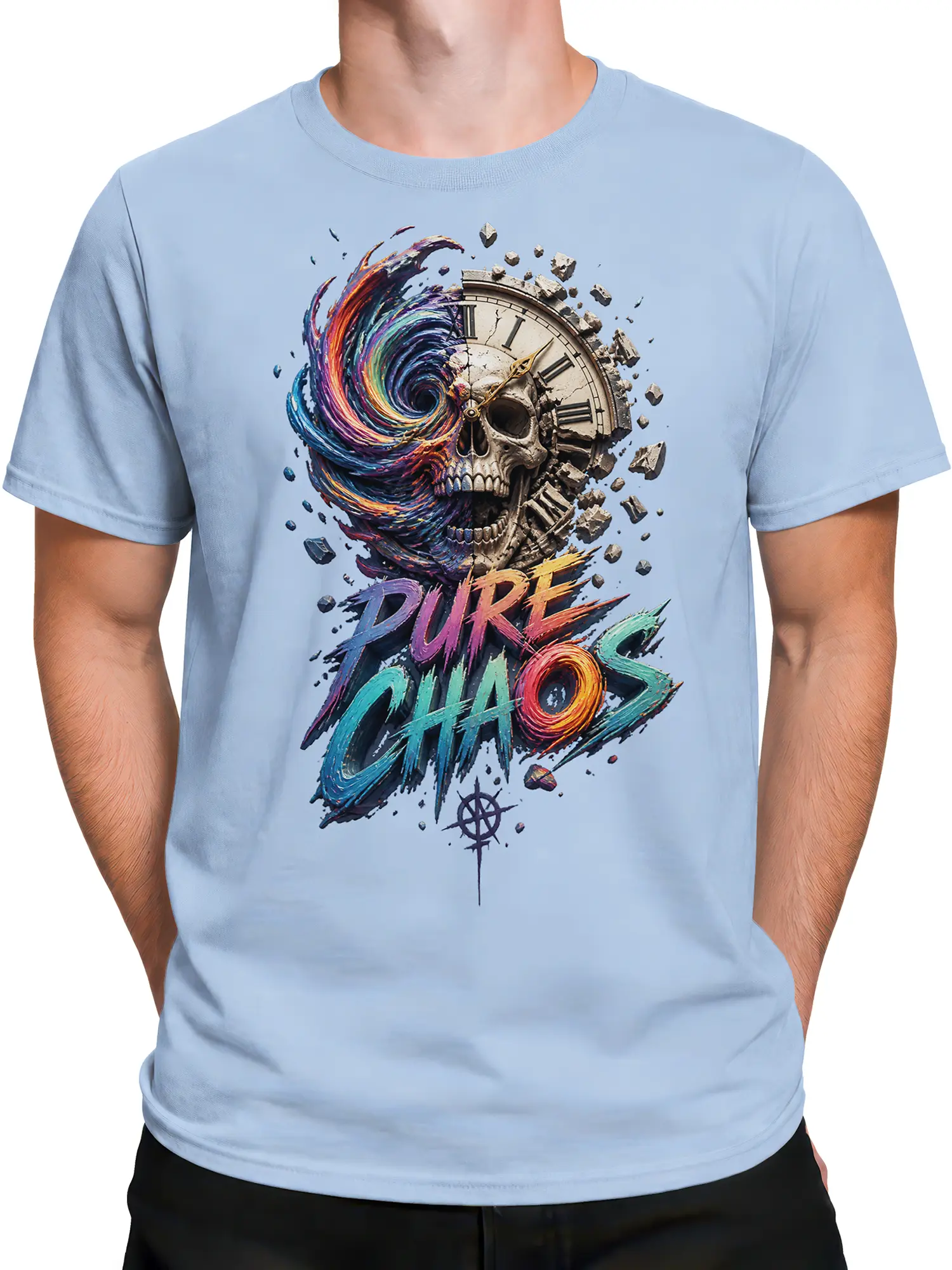 Male torso wearing a light blue T-shirt with a colorful skull clock PURE CHAOS design