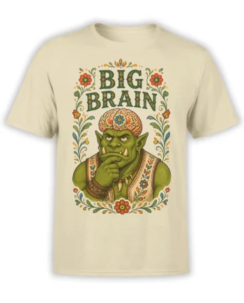 Beige T-shirt with a green tusked orc, floral brain, BIG BRAIN text, and colorful folk-art vines