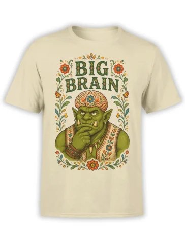 Beige T-shirt with a green tusked orc, floral brain, BIG BRAIN text, and colorful folk-art vines