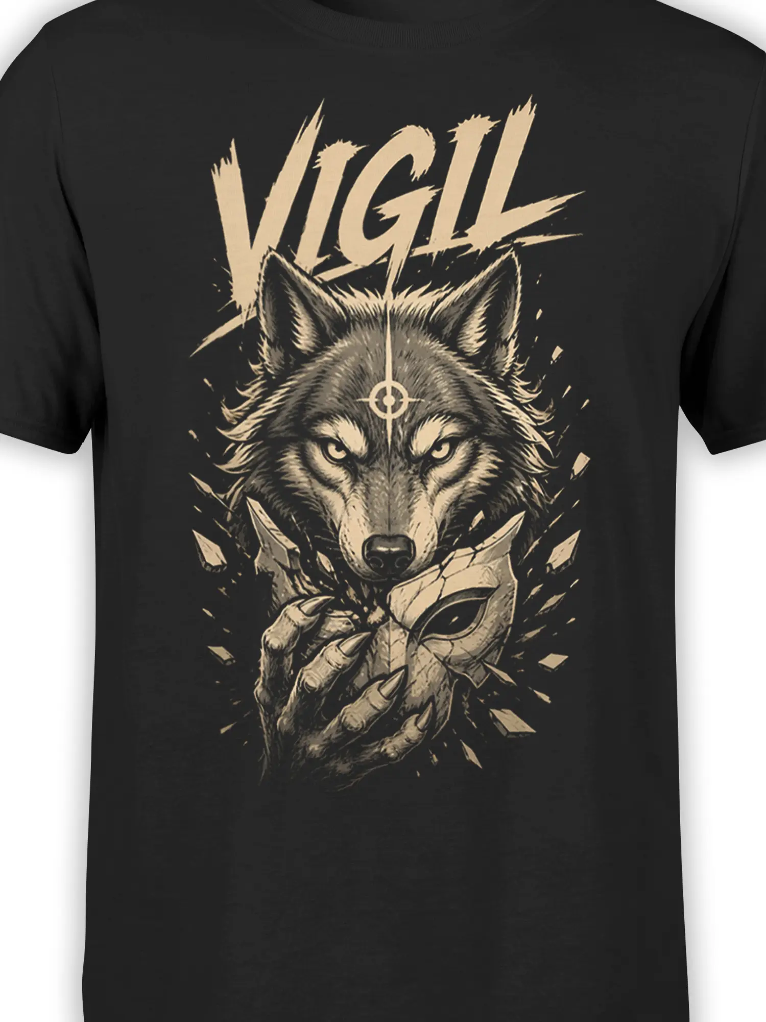 Close-up of the wolf, forehead symbol, claws, and VIGIL artwork on a black T-shirt