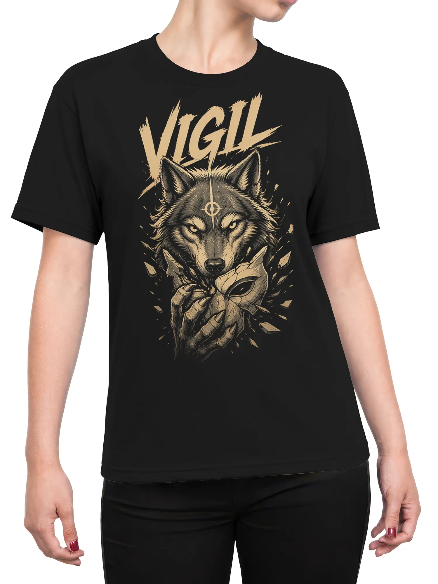 Female torso wearing a black T-shirt with a fierce wolf and VIGIL dark fantasy design