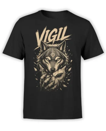 Black T-shirt with a fierce wolf emerging through shattered stone beneath bold VIGIL lettering