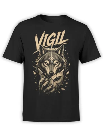 Black T-shirt with a fierce wolf emerging through shattered stone beneath bold VIGIL lettering