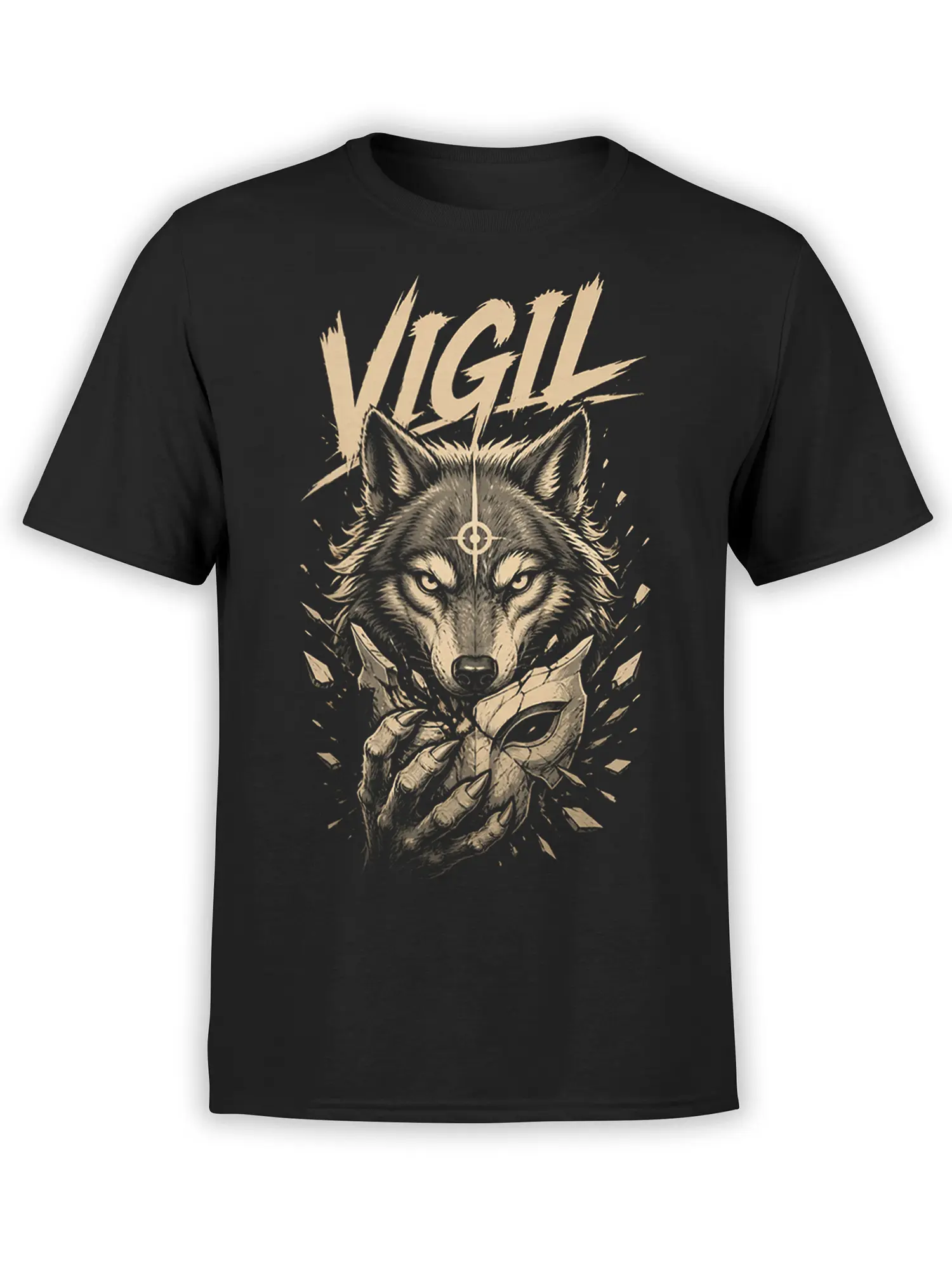 Black T-shirt with a fierce wolf emerging through shattered stone beneath bold VIGIL lettering