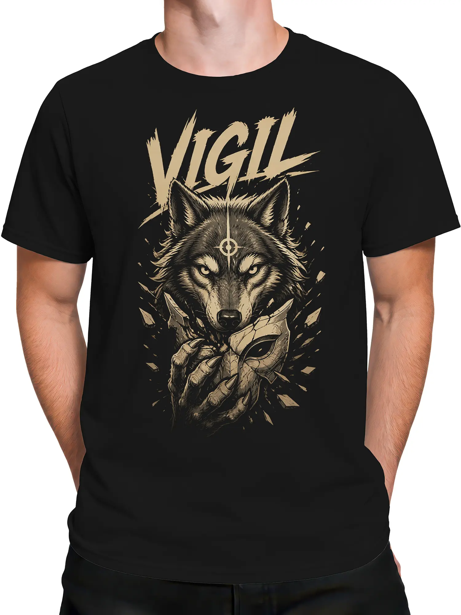 Male torso wearing a black T-shirt with a wolf, claws, shattered stone, and VIGIL text
