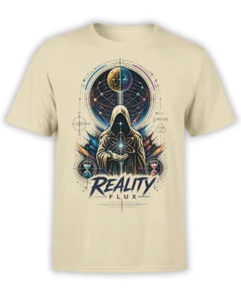 Front view of a beige Reality Flux quantum T-shirt with a hooded figure, atom symbol, and cosmic scientific artwork.