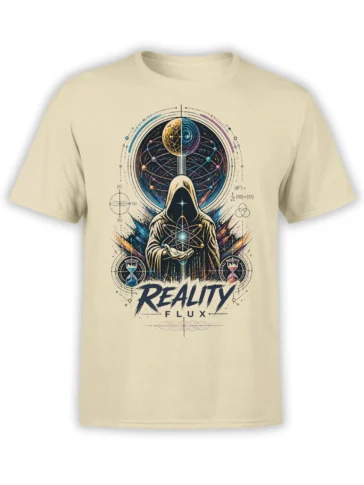 Front view of a beige Reality Flux quantum T-shirt with a hooded figure, atom symbol, and cosmic scientific artwork.