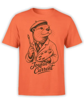 Orange T-shirt with a vintage otter painter wearing a beret and holding a brush and palette