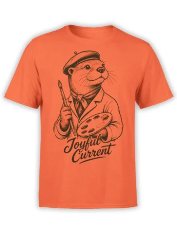 Orange T-shirt with a vintage otter painter wearing a beret and holding a brush and palette