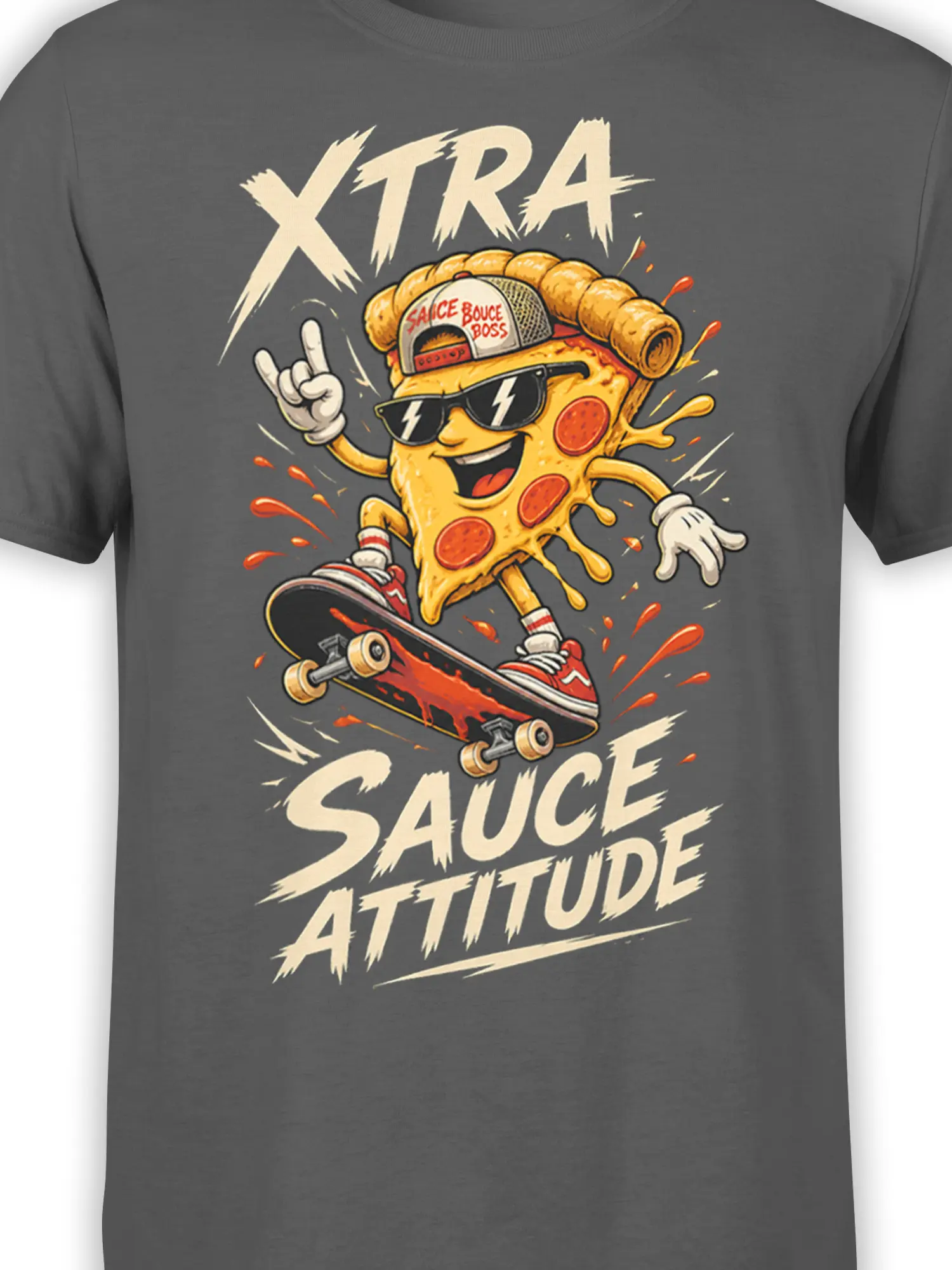 Close-up of skateboarding pizza slice wearing sunglasses and a Sauce Boss cap on a dark gray shirt