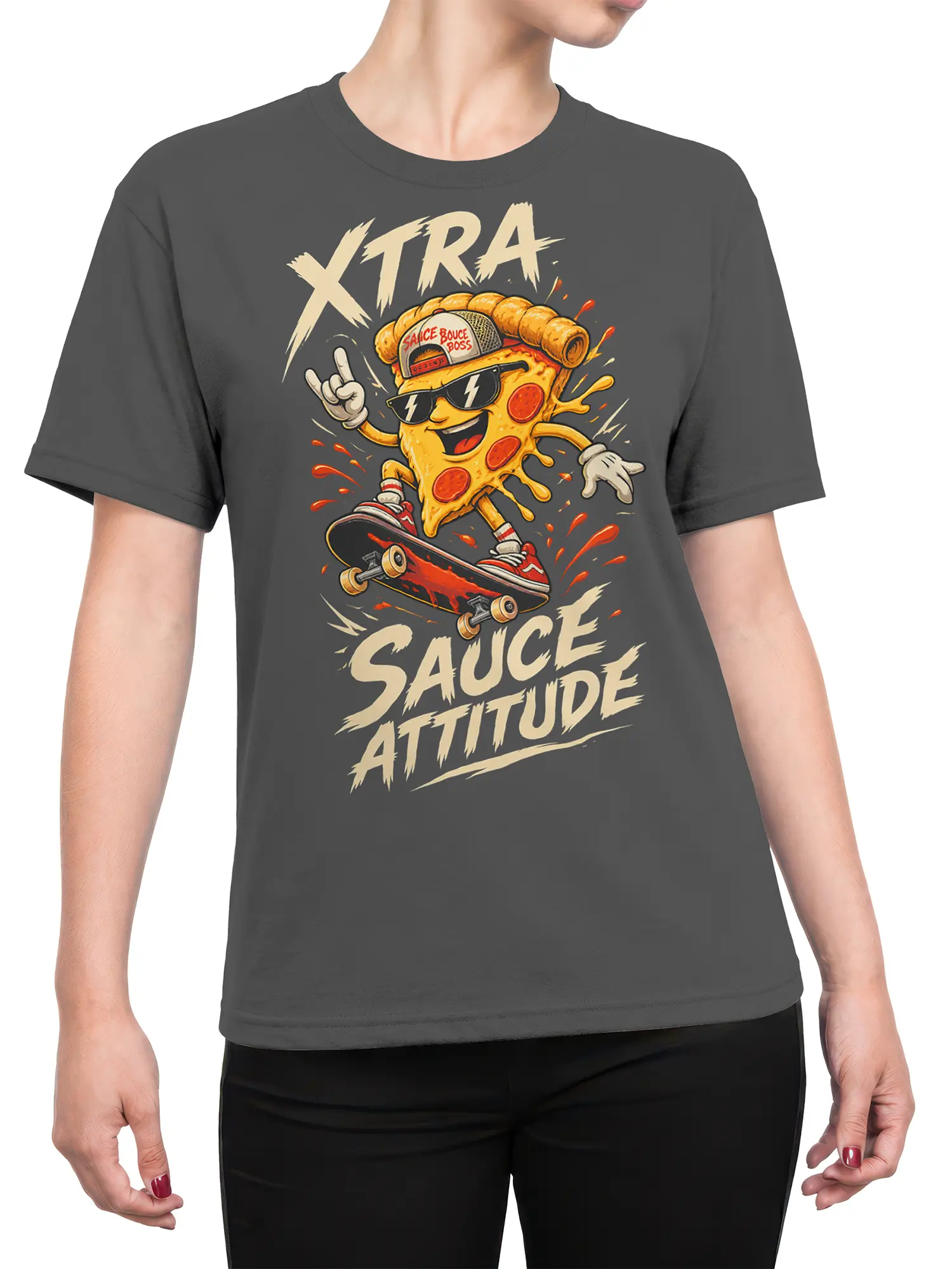Female torso wearing a dark gray pizza graphic T-shirt with a skateboarding slice and Sauce Attitude design
