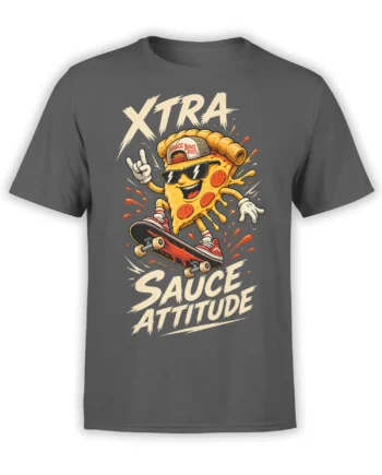 Dark gray pizza T-shirt with a sunglasses-wearing slice skateboarding under XTRA Sauce Attitude text