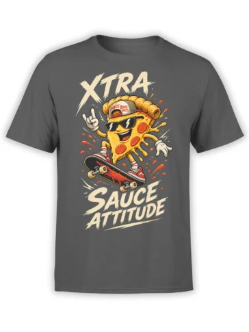 Dark gray pizza T-shirt with a sunglasses-wearing slice skateboarding under XTRA Sauce Attitude text