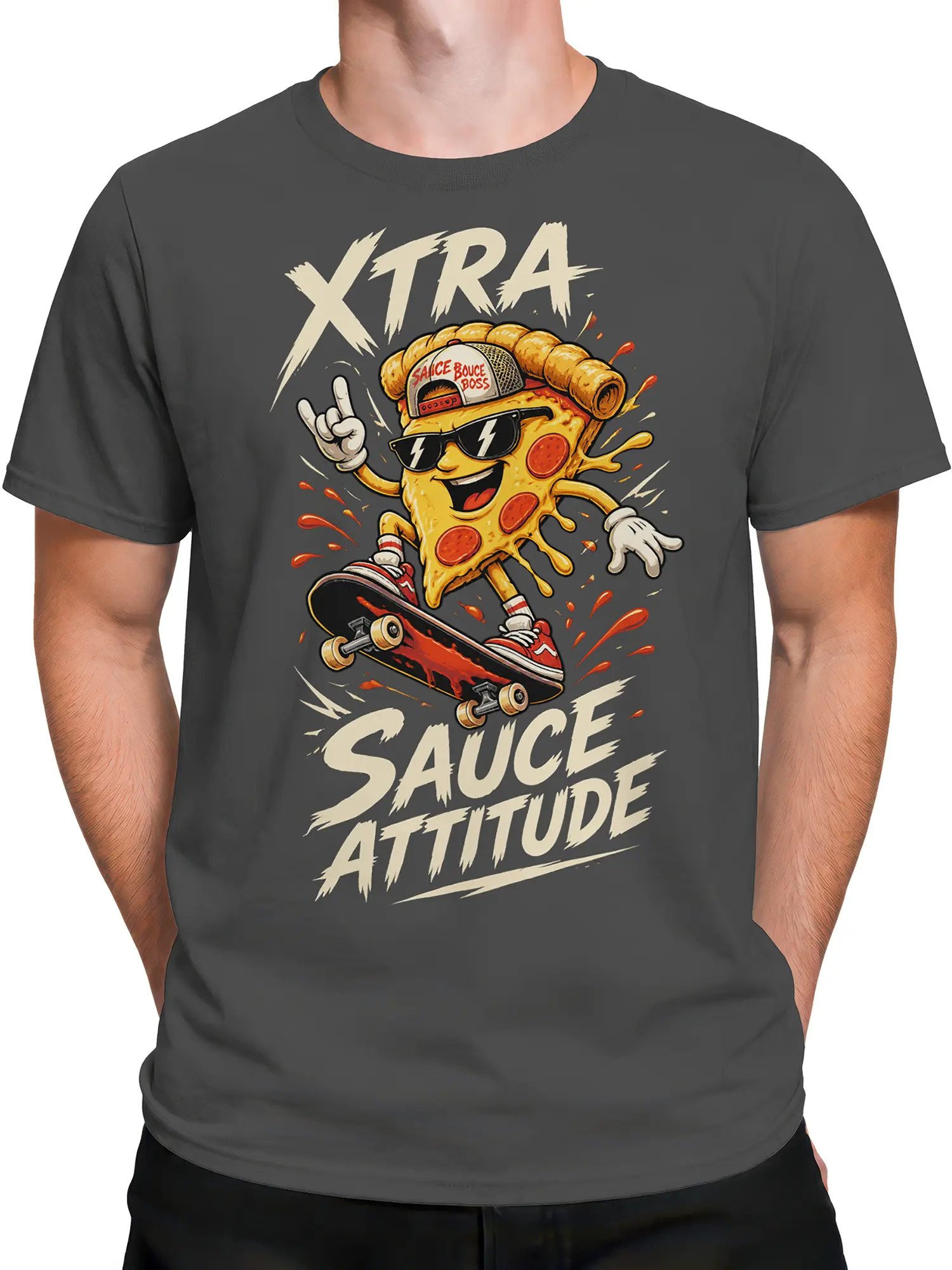 Male torso wearing a dark gray skateboarding pizza T-shirt with bold Sauce Attitude artwork