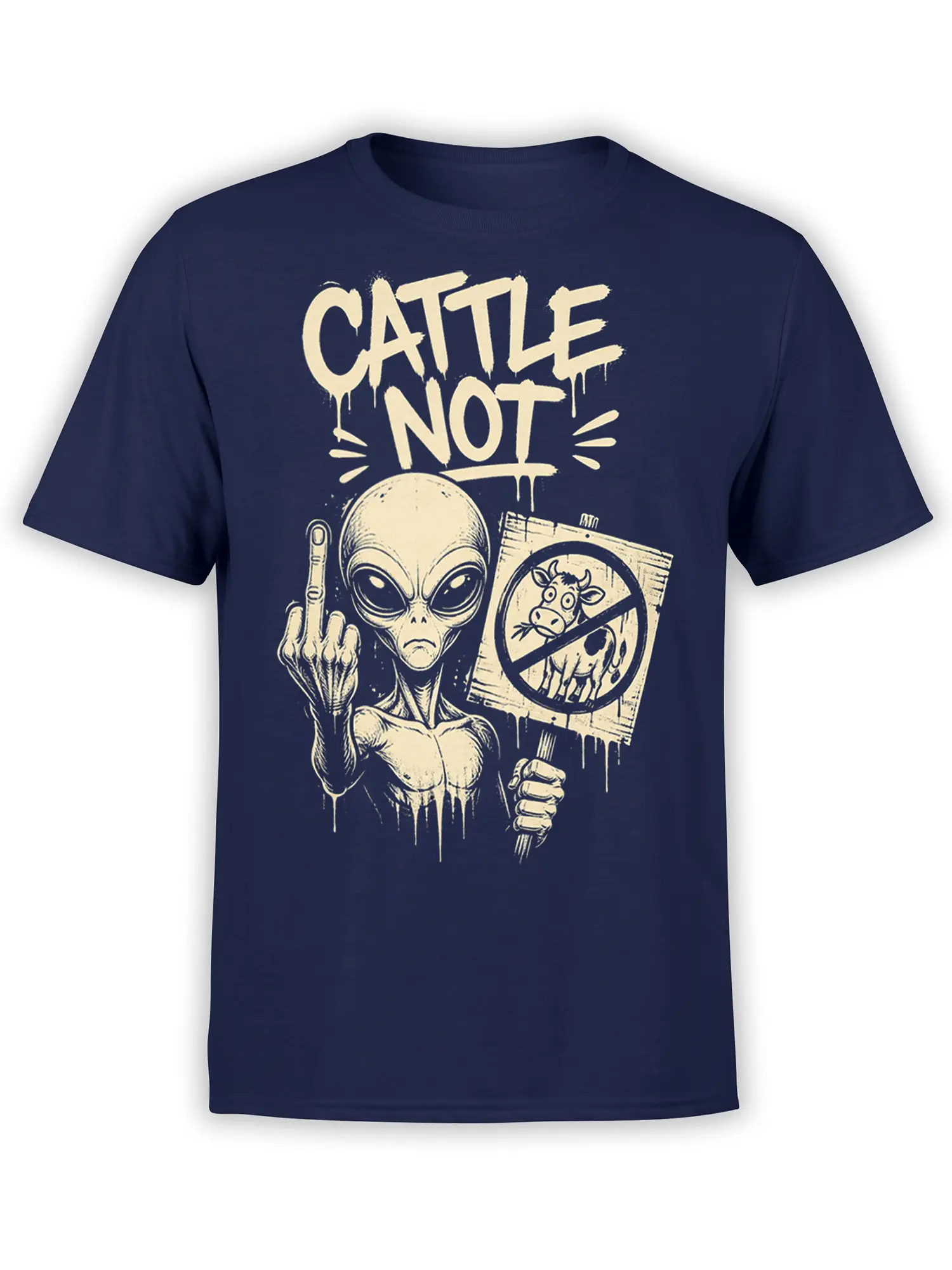 Front view of navy alien T-shirt with “CATTLE NOT” text, rude gesture, and crossed-out cow graphic