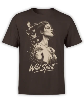 Brown Wild Spirit nature T-shirt with a woman, flying birds, tree, and cream lettering