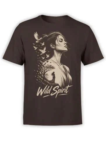 Brown Wild Spirit nature T-shirt with a woman, flying birds, tree, and cream lettering