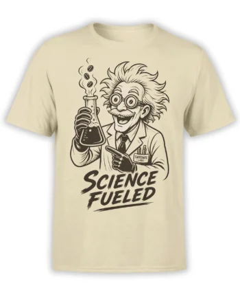 Beige science t-shirt featuring a vintage scientist with goggles, a coffee-filled flask, and “Science Fueled” text