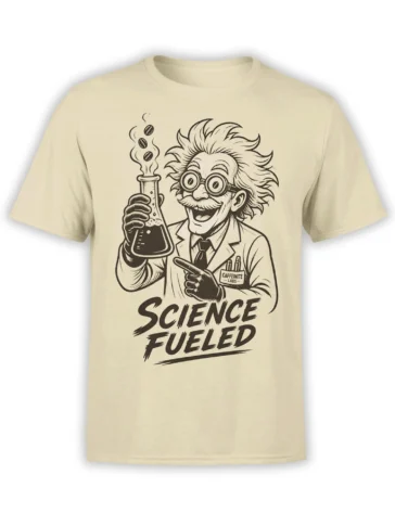 Beige science t-shirt featuring a vintage scientist with goggles, a coffee-filled flask, and “Science Fueled” text