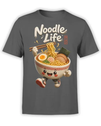 Gray T-shirt with a cheerful ramen bowl, noodles, chopsticks, toppings, and Noodle Life lettering