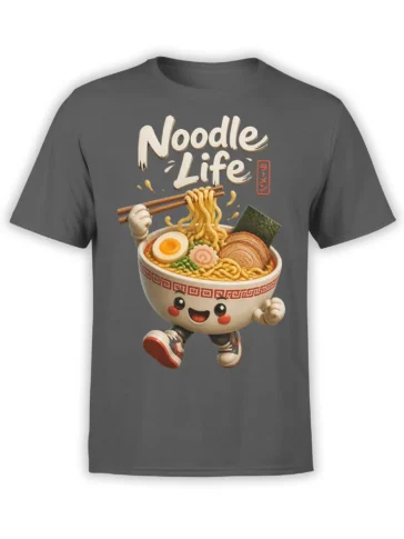 Gray T-shirt with a cheerful ramen bowl, noodles, chopsticks, toppings, and Noodle Life lettering