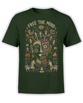 Dark green T-shirt with colorful surreal face, watchful eyes, horses, figures, and Free the Mind artwork