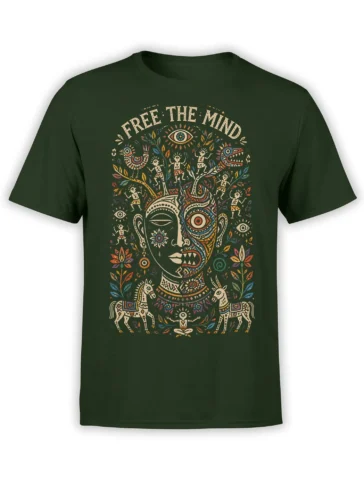 Dark green T-shirt with colorful surreal face, watchful eyes, horses, figures, and Free the Mind artwork