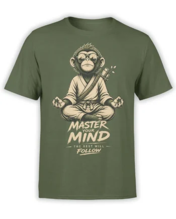 Green monkey T-shirt with a meditating robed monkey, round glasses, and “Master Your Mind” cream lettering