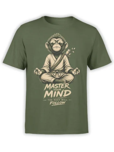 Green monkey T-shirt with a meditating robed monkey, round glasses, and “Master Your Mind” cream lettering