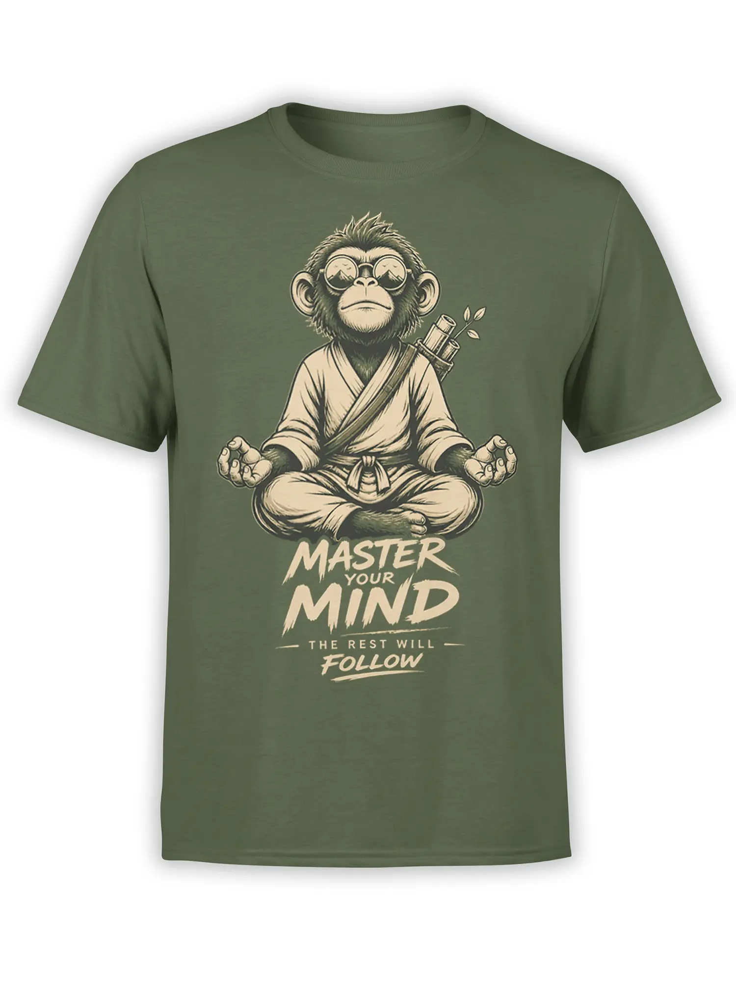 Green monkey T-shirt with a meditating robed monkey, round glasses, and “Master Your Mind” cream lettering