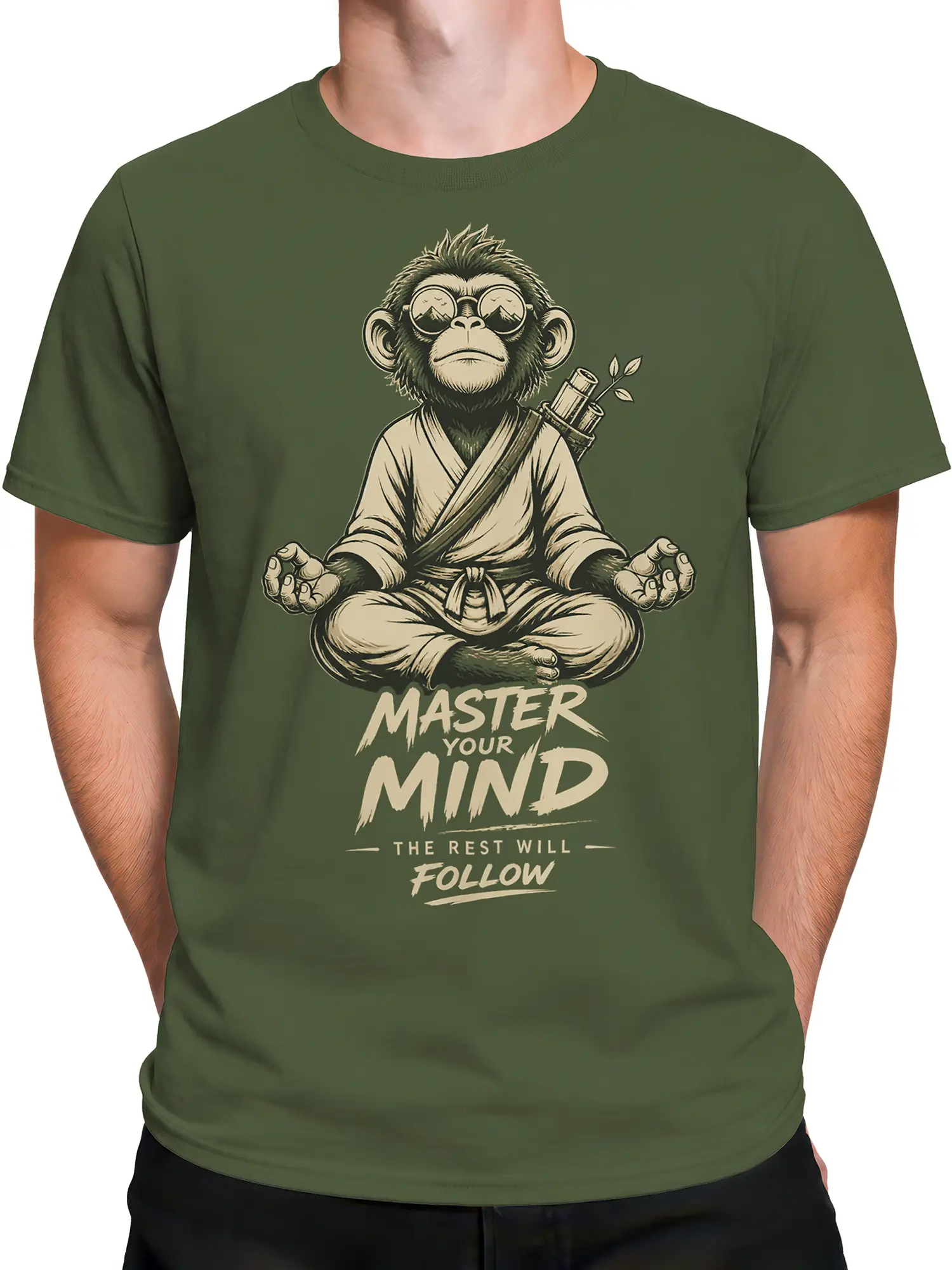 Male torso wearing a green monkey T-shirt with a meditating monkey and bold cream lettering