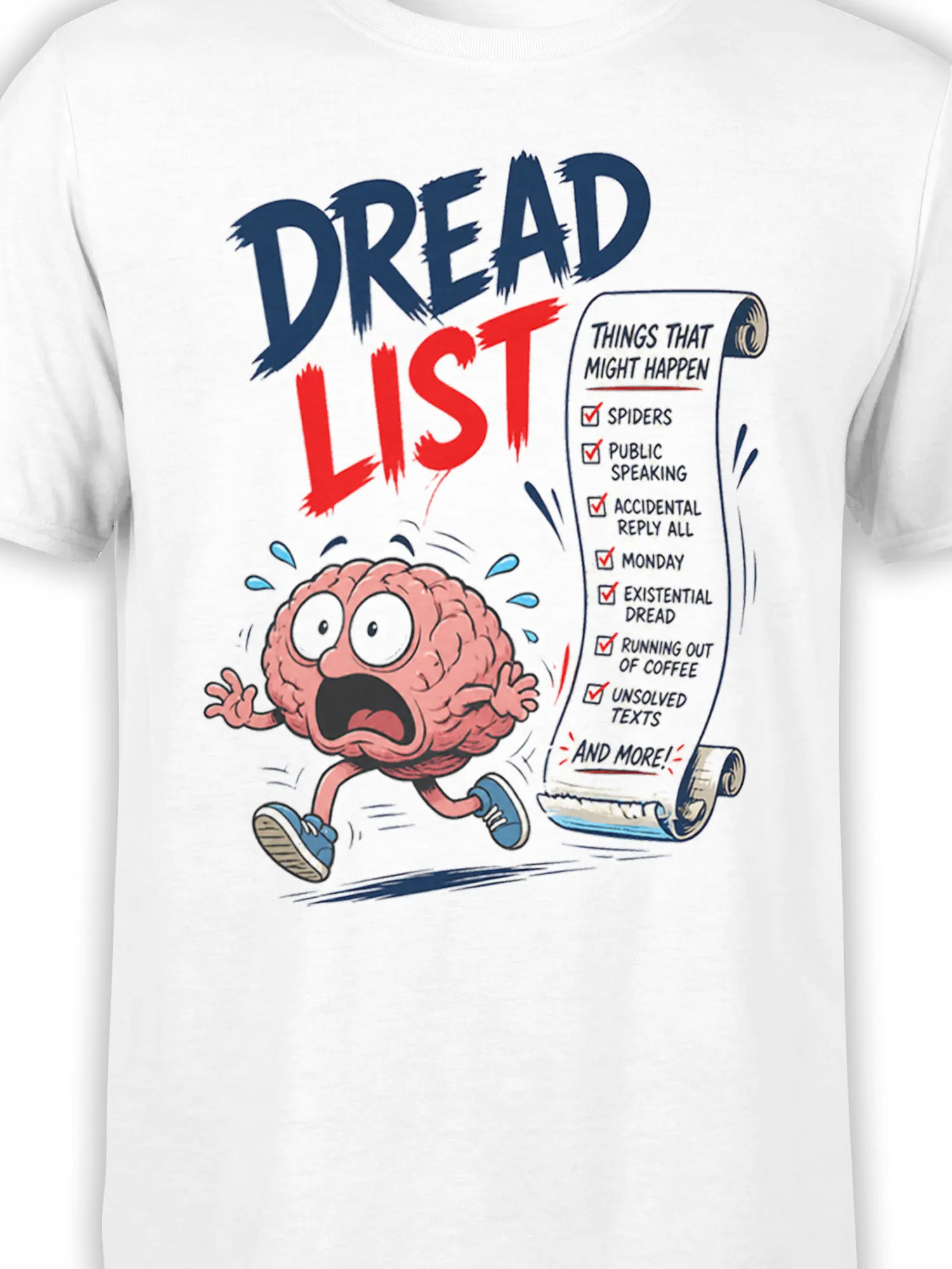 Close-up of the DREAD LIST design with a running cartoon brain and checklist of spiders, Monday, coffee, and texts