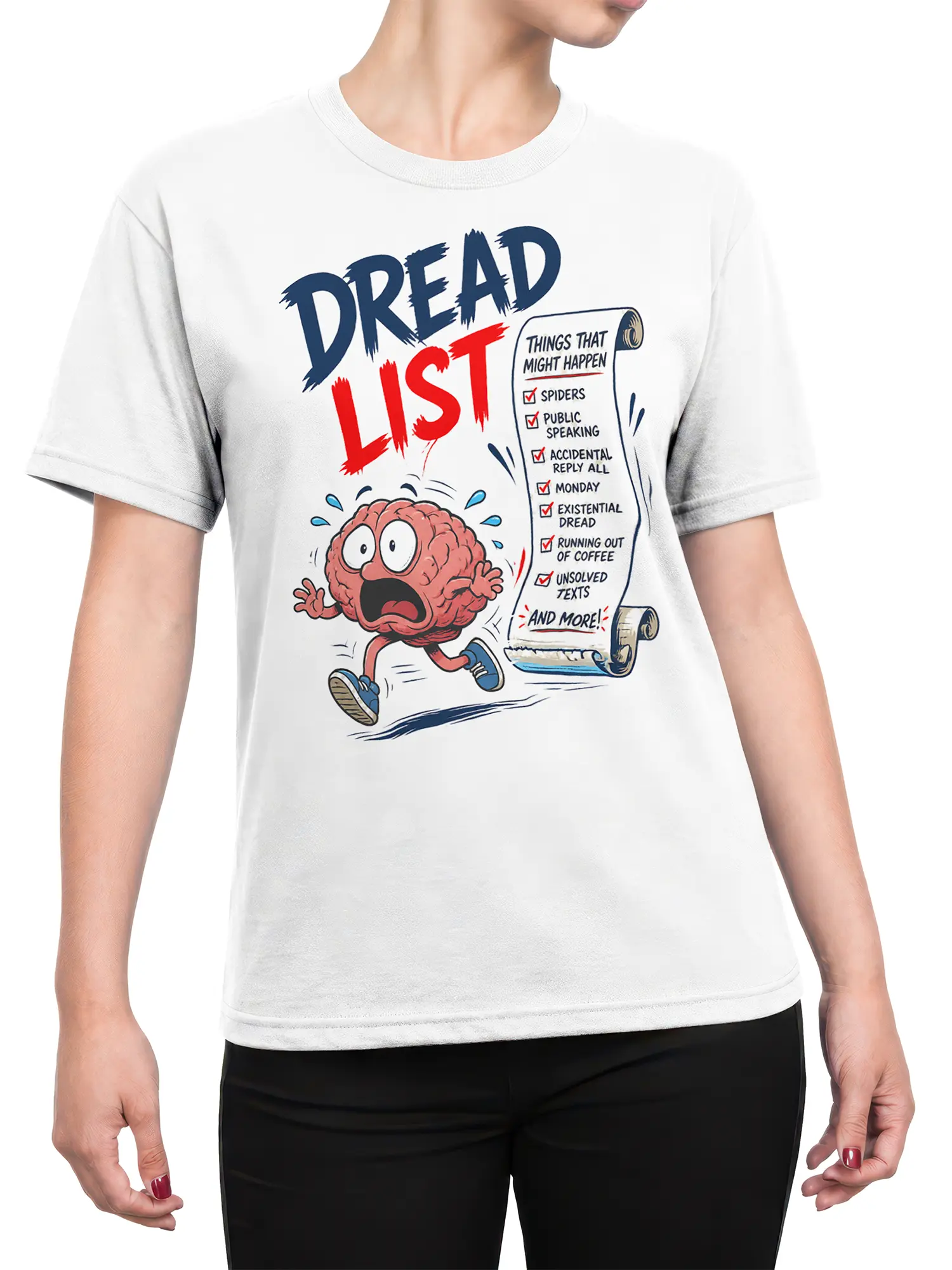 Female torso wearing a white Dread List anxiety T-shirt with a running cartoon brain and humorous worry checklist