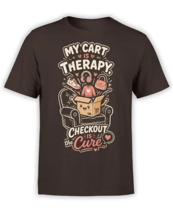 Brown shopping therapy T-shirt with smiling cardboard box, armchair, headphones, sneaker, handbag, and bold text