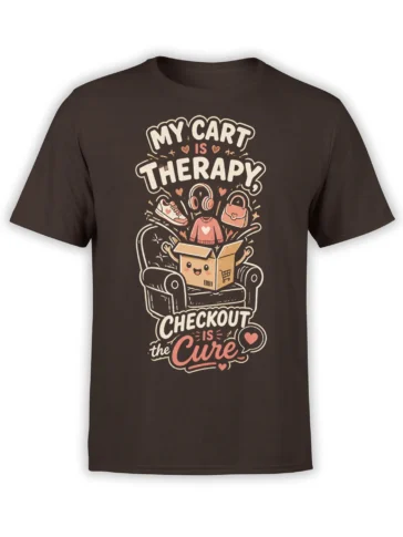 Brown shopping therapy T-shirt with smiling cardboard box, armchair, headphones, sneaker, handbag, and bold text